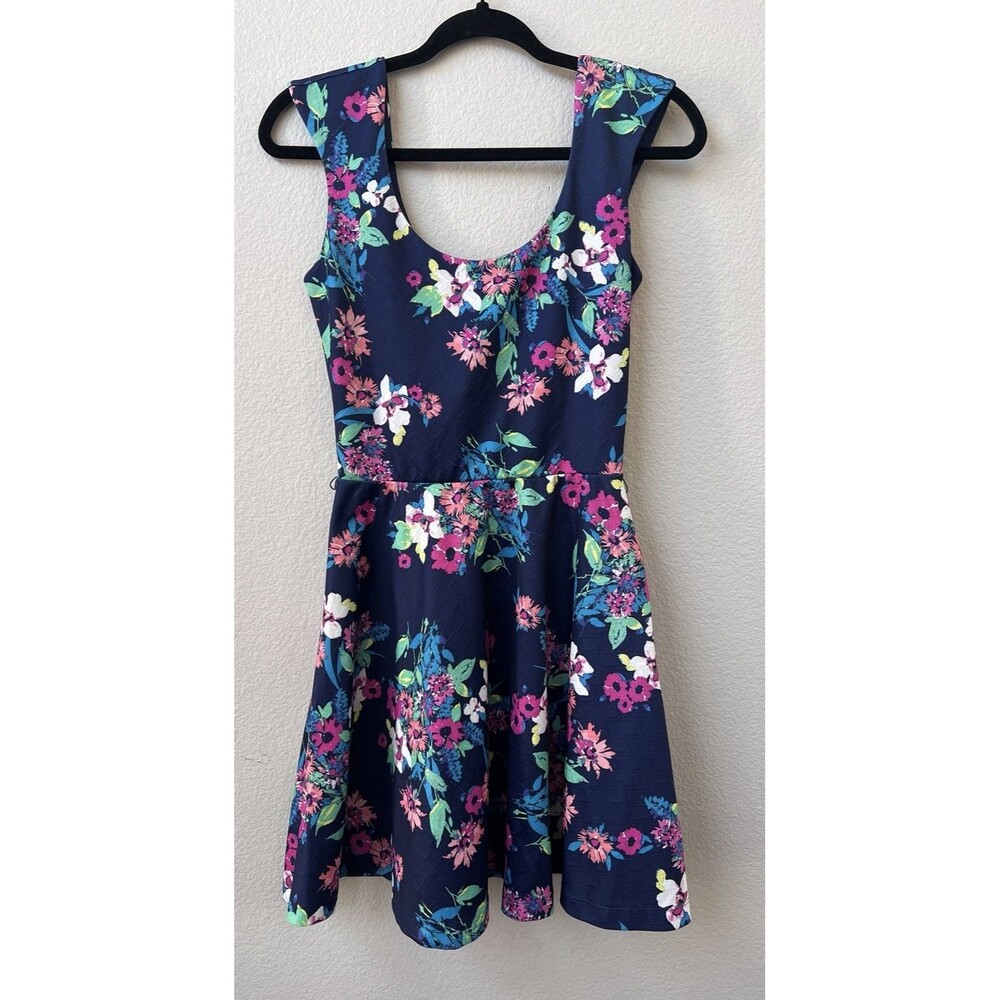Candie's Floral Skater Dress Juniors Size Small Navy Blue Pink Fit & Flare Mini